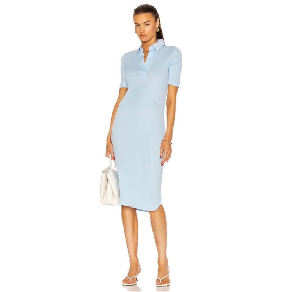 Helmut Lang Collared Baby Blue Rib Knit Midi Dress Shirt Dress Size Large Ribbed